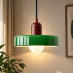 Coloured Glass Bauhaus Pendant Light in Green glass with a Red fitting and bold geometric Bauhaus styling.