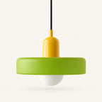Coloured Glass Bauhaus Pendant Light shown in Green glass and Yellow fitting, highlighting the compact pendant shape and finish.