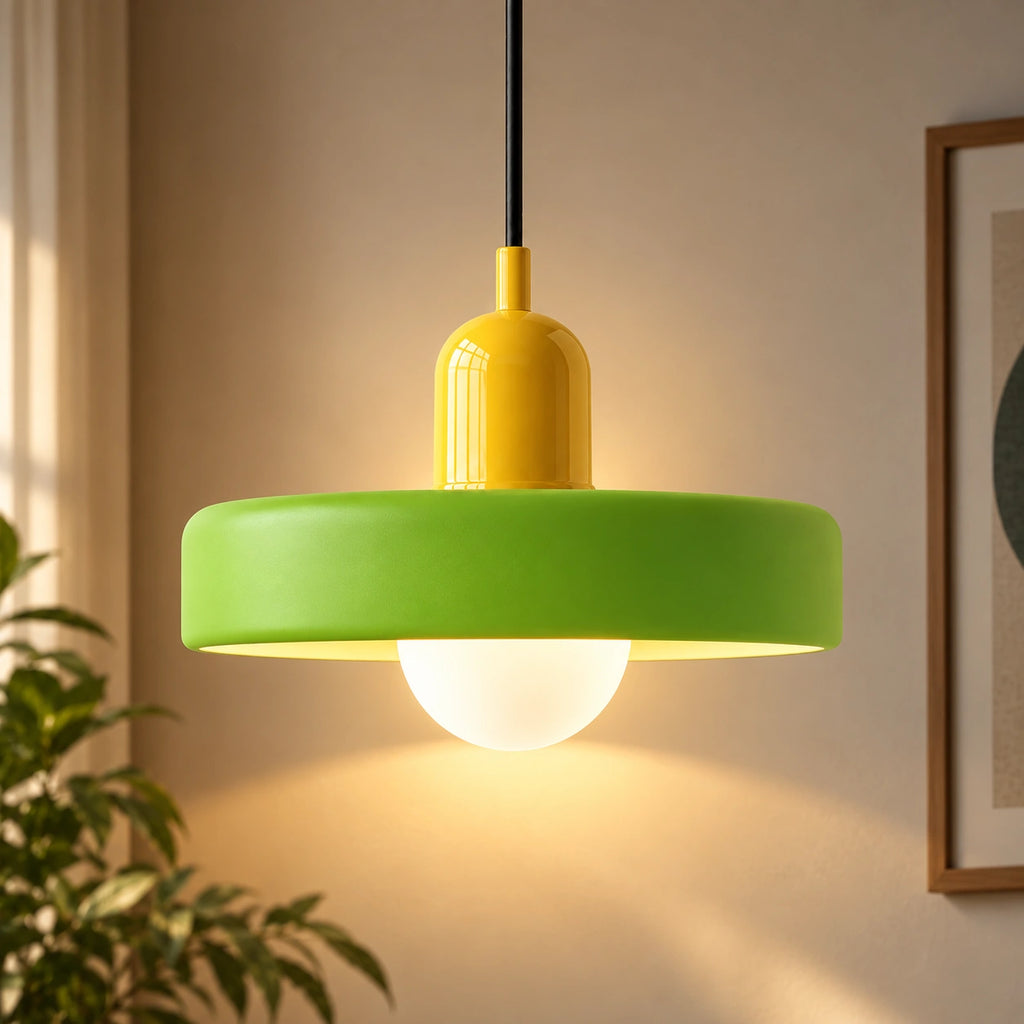 Coloured Glass Bauhaus Pendant Light in Green glass with a Yellow fitting and bold geometric Bauhaus styling.