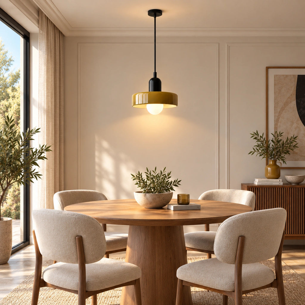 Coloured Glass Bauhaus Pendant Light in Army Green glass and Black fitting installed above furniture in a dining room setting.