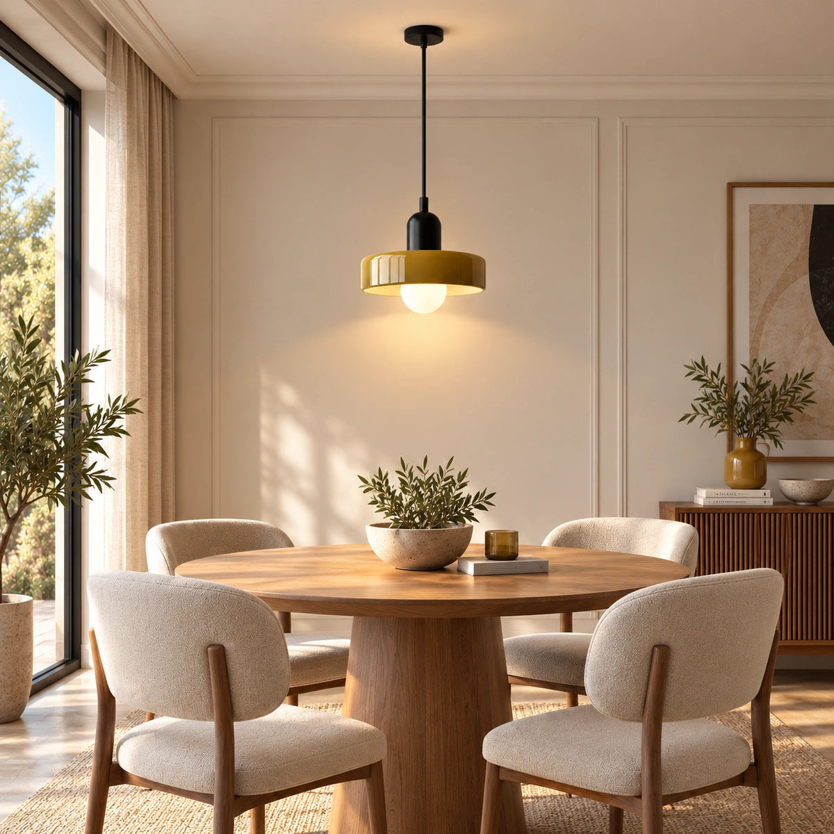 Coloured Glass Bauhaus Pendant Light in Army Green glass and Black fitting installed above furniture in a dining room setting.