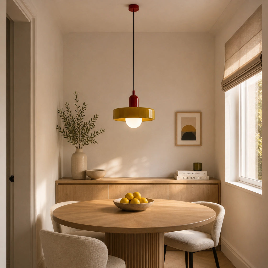 Coloured Glass Bauhaus Pendant Light in Army Green glass and Red fitting installed above furniture, alternate lifestyle view.