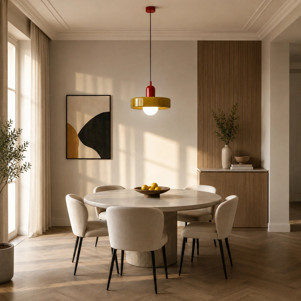 Coloured Glass Bauhaus Pendant Light in Army Green glass and Red fitting installed above furniture in a dining room setting.