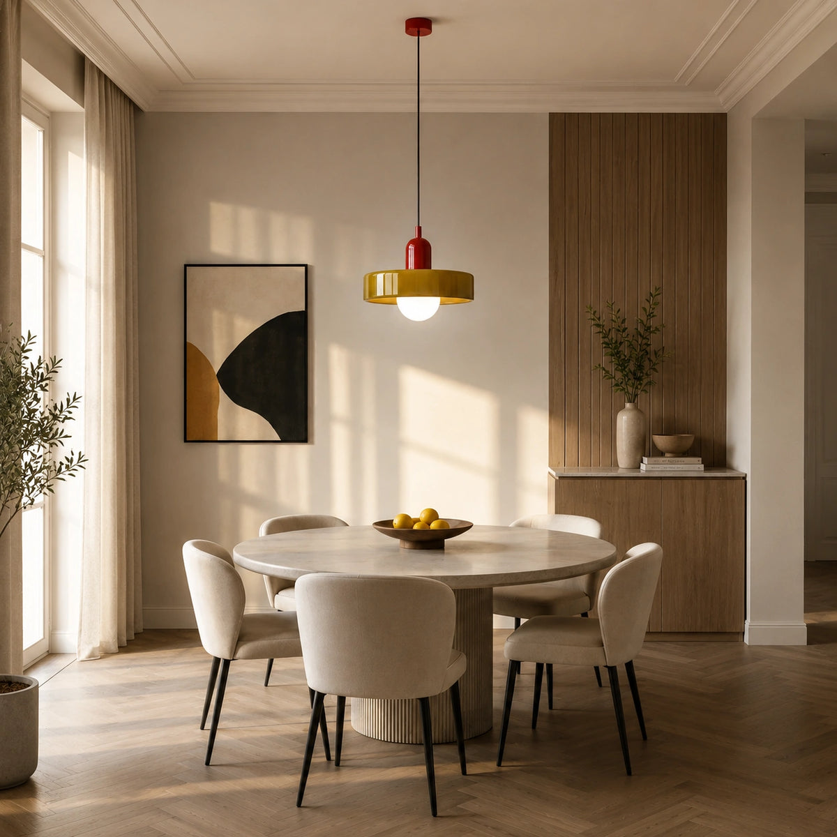 Coloured Glass Bauhaus Pendant Light in Army Green glass and Red fitting installed above furniture in a dining room setting.