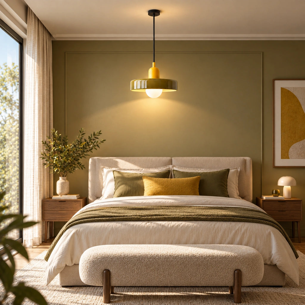 Coloured Glass Bauhaus Pendant Light in Army Green glass and Yellow fitting installed above furniture in a bedroom setting.