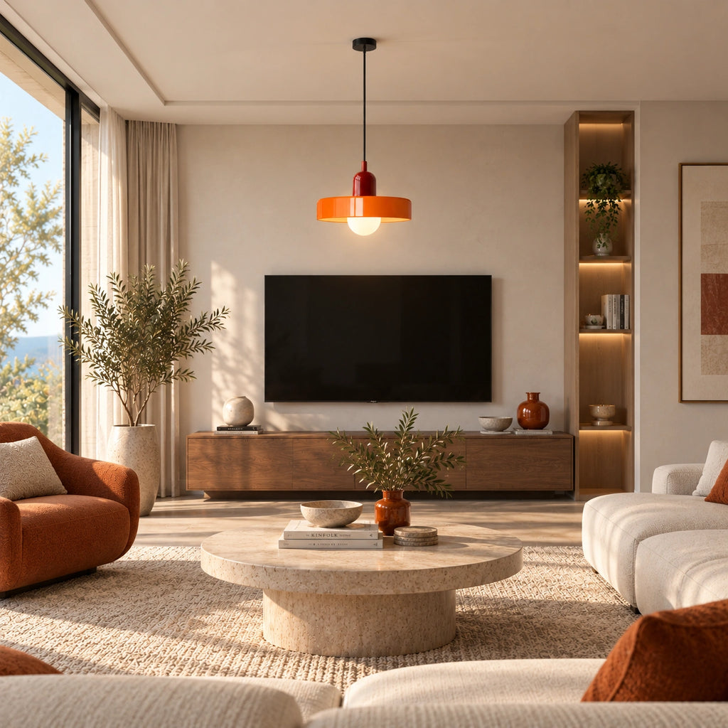 Coloured Glass Bauhaus Pendant Light in Orange glass and Red fitting installed above furniture in a living room setting.