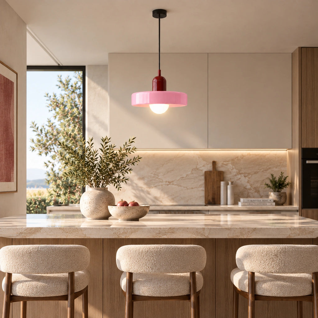 Coloured Glass Bauhaus Pendant Light in Pink glass and Red fitting installed above furniture in a kitchen setting.