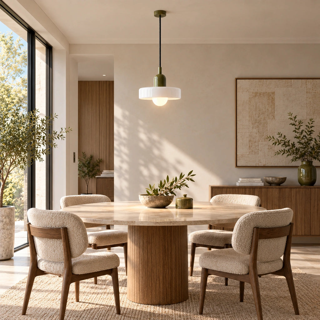 Coloured Glass Bauhaus Pendant Light in White glass and Green fitting installed above furniture in a dining room setting.