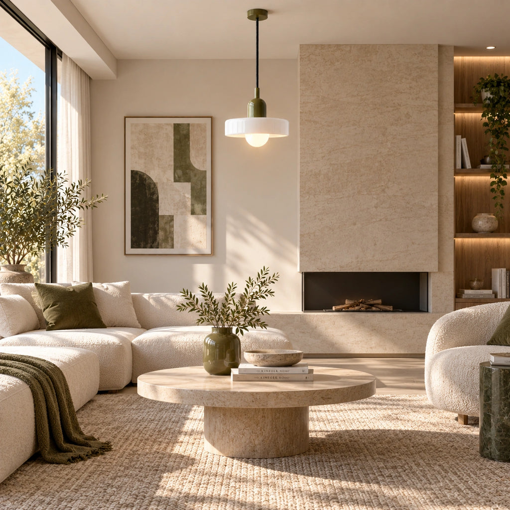 Coloured Glass Bauhaus Pendant Light in White glass and Green fitting installed above furniture in a living room setting.