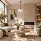 Coloured Glass Bauhaus Pendant Light in White glass and Green fitting installed above furniture in a living room setting.