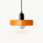 Coloured Glass Bauhaus Pendant Light shown in Orange glass and Black fitting, highlighting the compact pendant shape and finish.