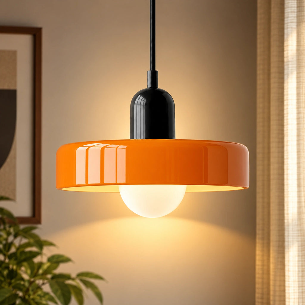 Coloured Glass Bauhaus Pendant Light in Orange glass with a Black fitting and bold geometric Bauhaus styling.