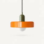 Coloured Glass Bauhaus Pendant Light shown in Orange glass and Green fitting, highlighting the compact pendant shape and finish.