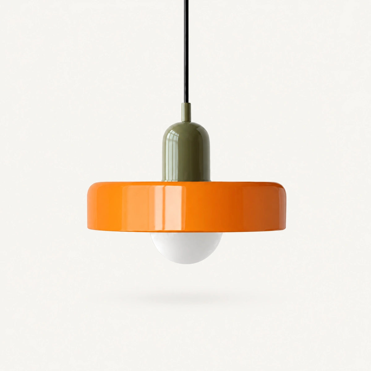 Coloured Glass Bauhaus Pendant Light shown in Orange glass and Green fitting, highlighting the compact pendant shape and finish.
