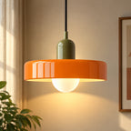 Coloured Glass Bauhaus Pendant Light in Orange glass with a Green fitting and bold geometric Bauhaus styling.