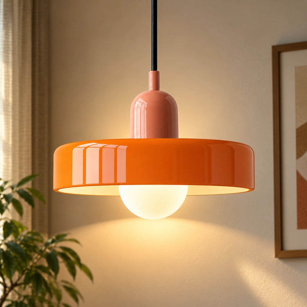 Coloured Glass Bauhaus Pendant Light in Orange glass with a Pink fitting and bold geometric Bauhaus styling.