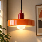 Coloured Glass Bauhaus Pendant Light in Orange glass with a Red fitting and bold geometric Bauhaus styling.