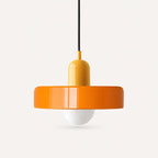 Coloured Glass Bauhaus Pendant Light shown in Orange glass and Yellow fitting, highlighting the compact pendant shape and finish.