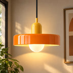 Coloured Glass Bauhaus Pendant Light in Orange glass with a Yellow fitting and bold geometric Bauhaus styling.