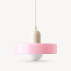 Coloured Glass Bauhaus Pendant Light shown in Pink glass and Beige fitting, highlighting the compact pendant shape and finish.