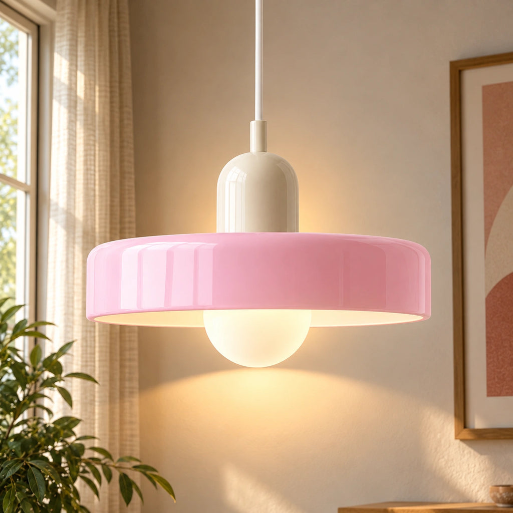 Coloured Glass Bauhaus Pendant Light in Pink glass with a Beige fitting and bold geometric Bauhaus styling.