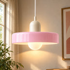 Coloured Glass Bauhaus Pendant Light in Pink glass with a Beige fitting and bold geometric Bauhaus styling.