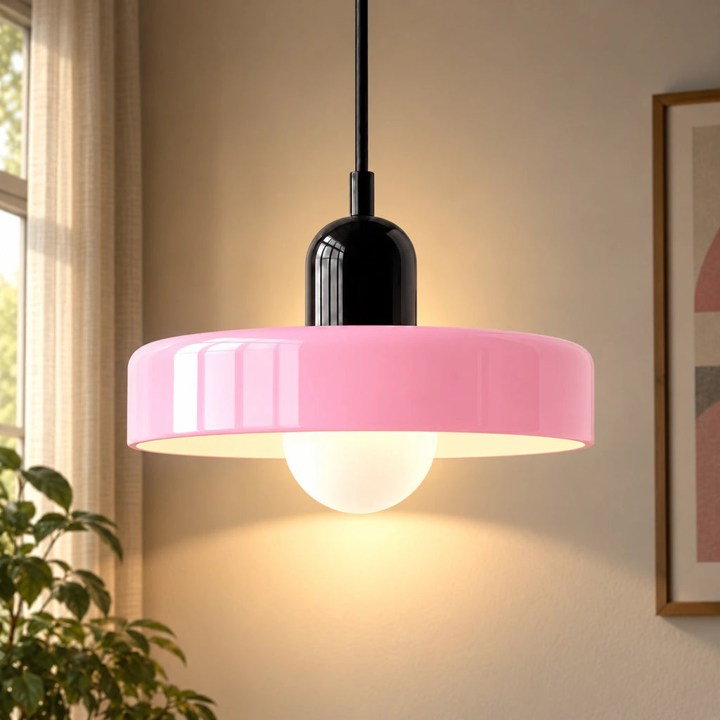 Coloured Glass Bauhaus Pendant Light in Pink glass with a Black fitting and bold geometric Bauhaus styling.