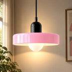 Coloured Glass Bauhaus Pendant Light in Pink glass with a Black fitting and bold geometric Bauhaus styling.