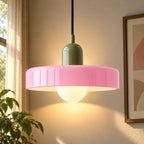 Coloured Glass Bauhaus Pendant Light in Pink glass with a Green fitting and bold geometric Bauhaus styling.