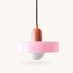 Coloured Glass Bauhaus Pendant Light shown in Pink glass and Pink fitting, highlighting the compact pendant shape and finish.