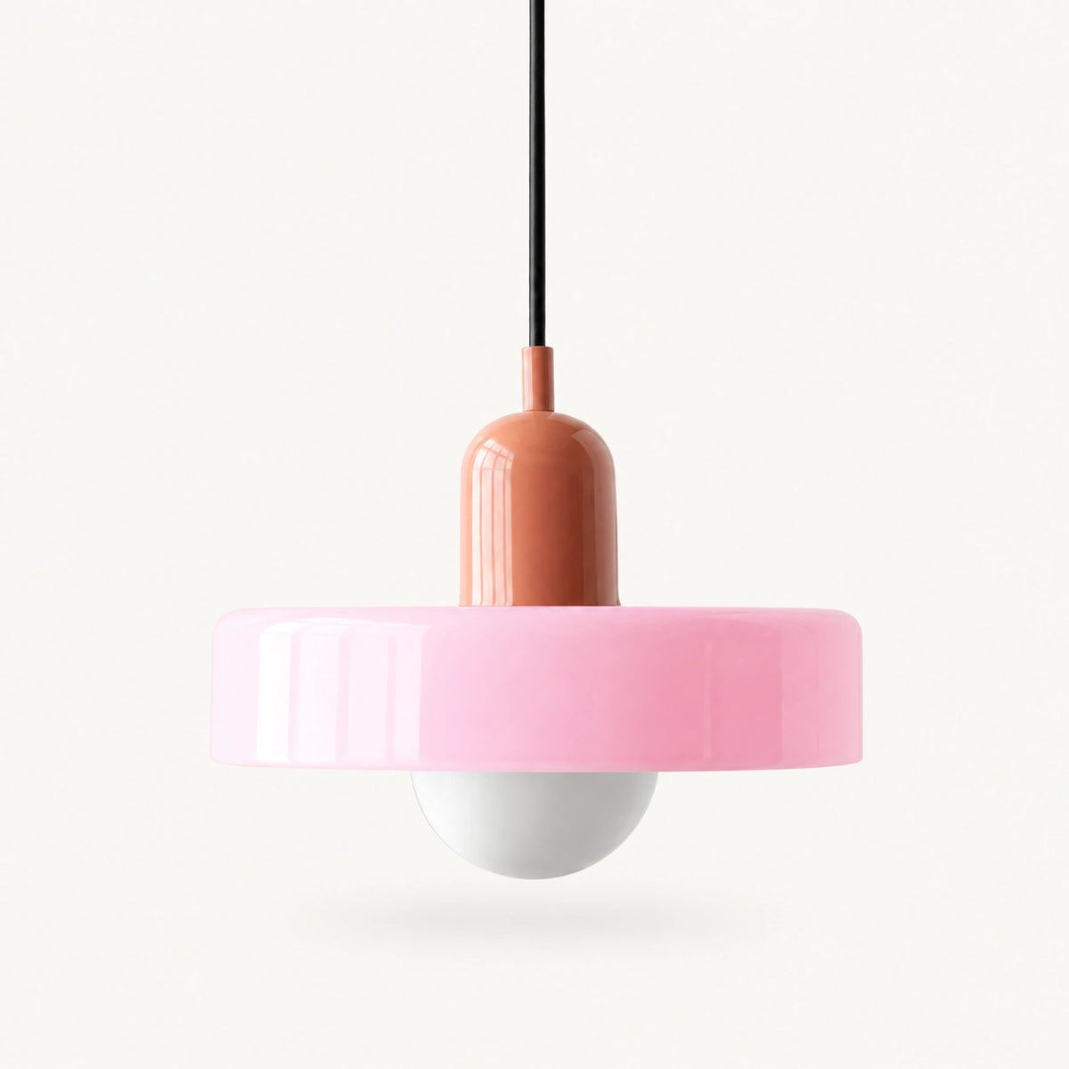 Coloured Glass Bauhaus Pendant Light shown in Pink glass and Pink fitting, highlighting the compact pendant shape and finish.