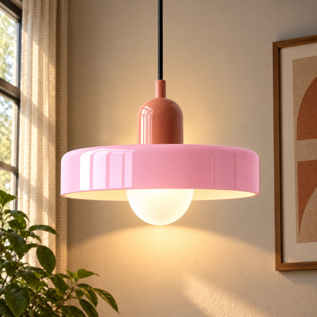 Coloured Glass Bauhaus Pendant Light in Pink glass with a Pink fitting and bold geometric Bauhaus styling.