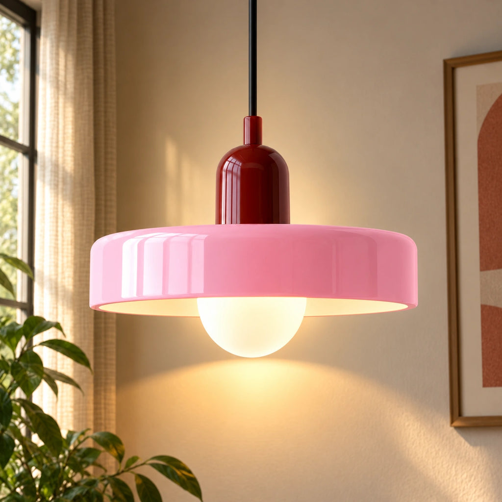 Coloured Glass Bauhaus Pendant Light in Pink glass with a Red fitting and bold geometric Bauhaus styling.
