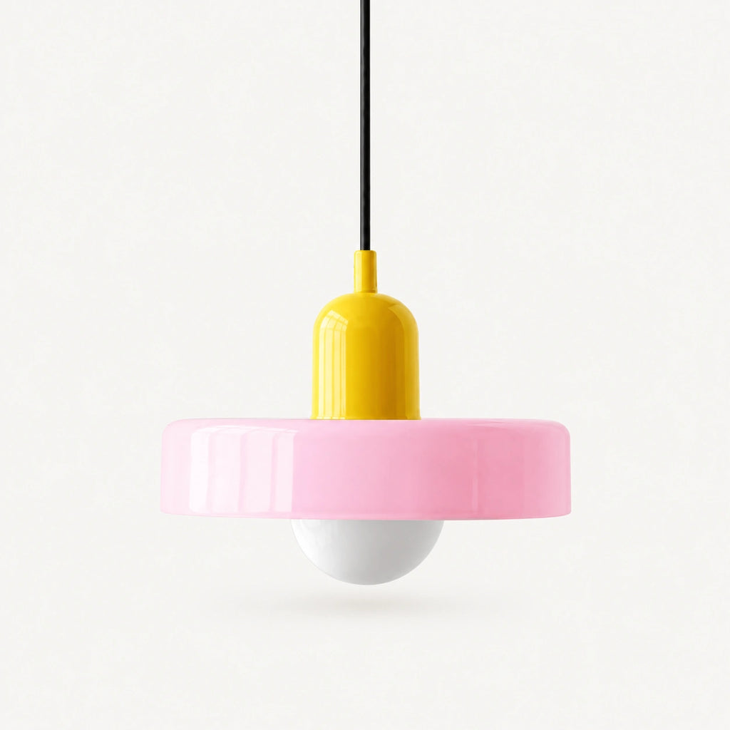 Coloured Glass Bauhaus Pendant Light shown in Pink glass and Yellow fitting, highlighting the compact pendant shape and finish.