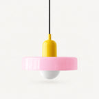 Coloured Glass Bauhaus Pendant Light shown in Pink glass and Yellow fitting, highlighting the compact pendant shape and finish.