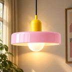 Coloured Glass Bauhaus Pendant Light in Pink glass with a Yellow fitting and bold geometric Bauhaus styling.