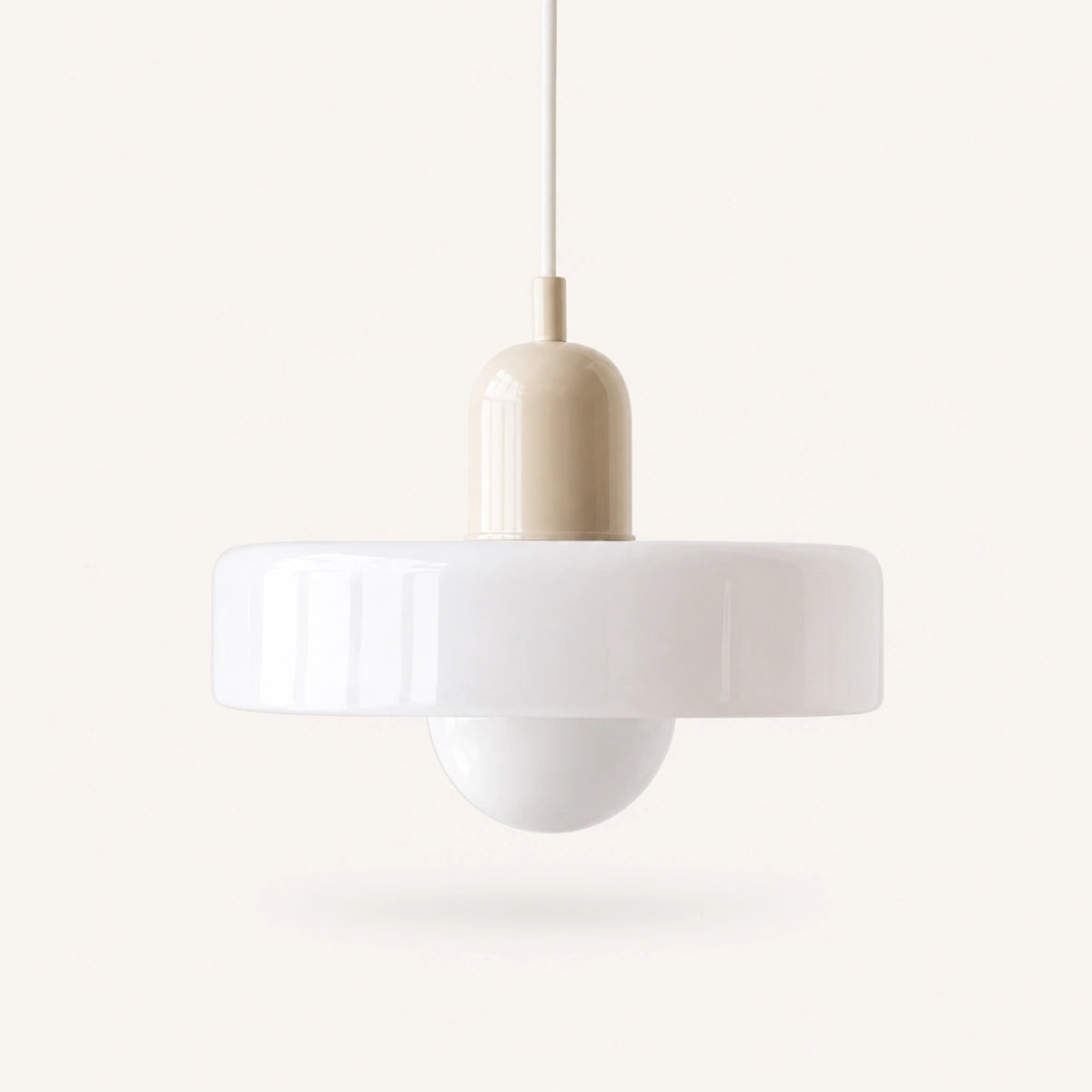 Coloured Glass Bauhaus Pendant Light shown in White glass and Beige fitting, highlighting the compact pendant shape and finish.