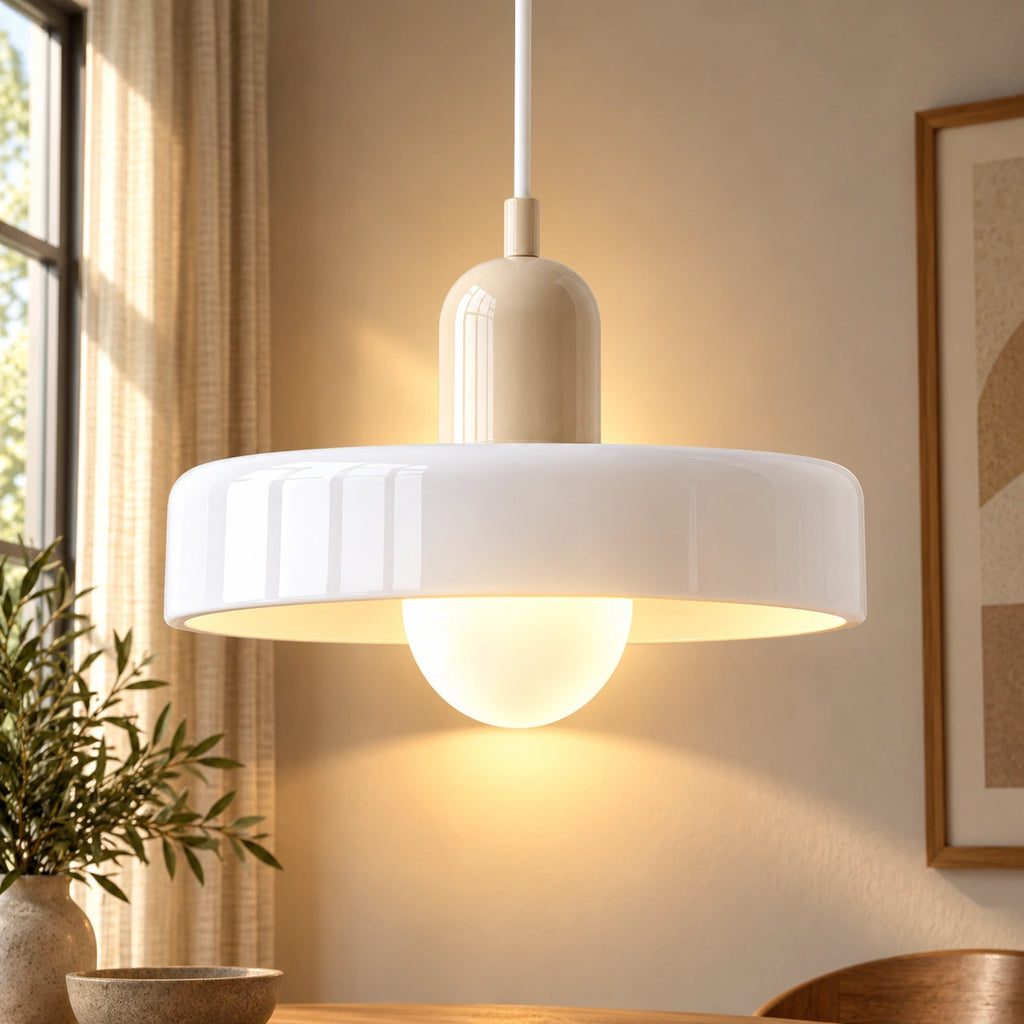 Coloured Glass Bauhaus Pendant Light in White glass with a Beige fitting and bold geometric Bauhaus styling.