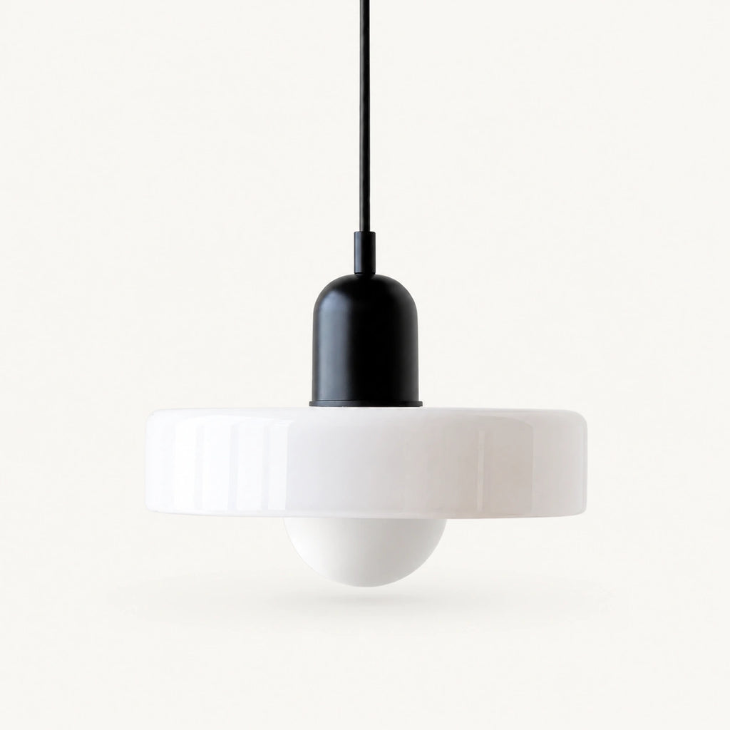 Coloured Glass Bauhaus Pendant Light shown in White glass and Black fitting, highlighting the compact pendant shape and finish.