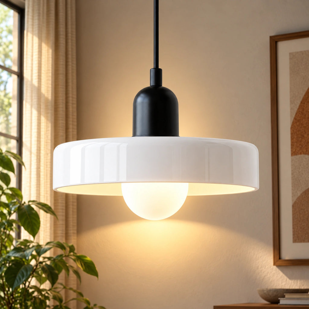 Coloured Glass Bauhaus Pendant Light in White glass with a Black fitting and bold geometric Bauhaus styling.