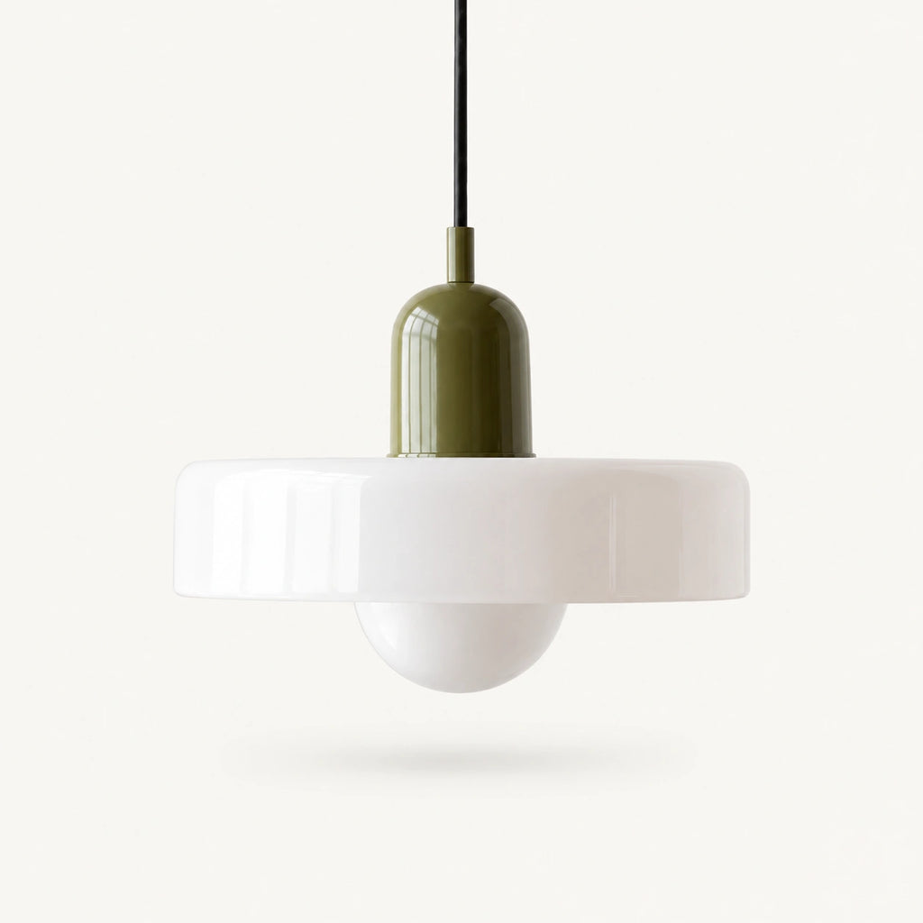 Coloured Glass Bauhaus Pendant Light shown in White glass and Green fitting, highlighting the compact pendant shape and finish.