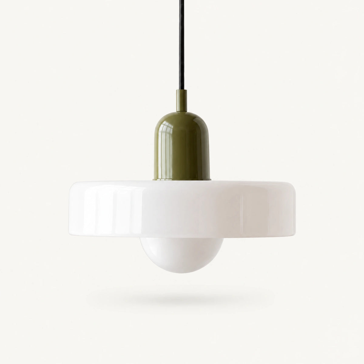 Coloured Glass Bauhaus Pendant Light shown in White glass and Green fitting, highlighting the compact pendant shape and finish.