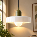 Coloured Glass Bauhaus Pendant Light in White glass with a Green fitting and bold geometric Bauhaus styling.