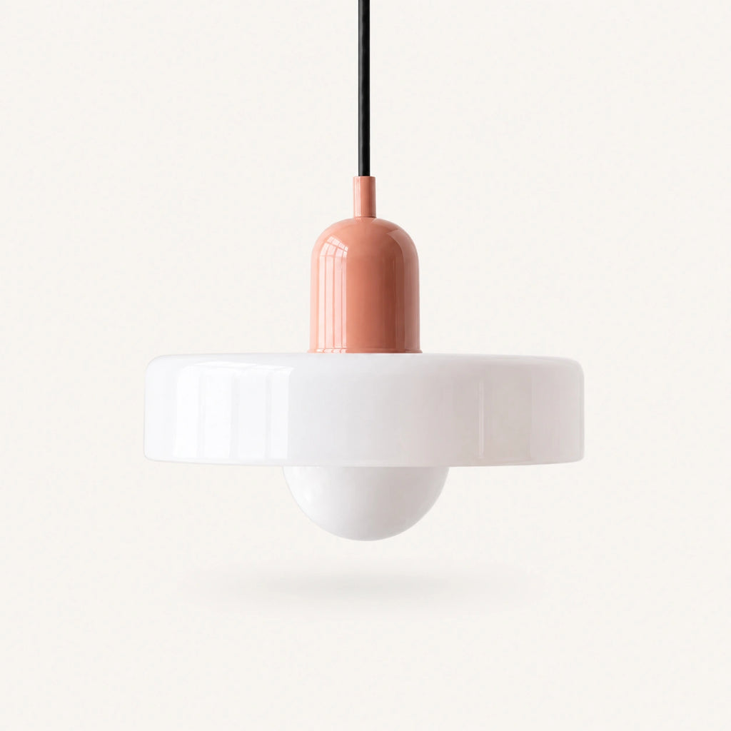 Coloured Glass Bauhaus Pendant Light shown in White glass and Pink fitting, highlighting the compact pendant shape and finish.