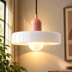 Coloured Glass Bauhaus Pendant Light in White glass with a Pink fitting and bold geometric Bauhaus styling.
