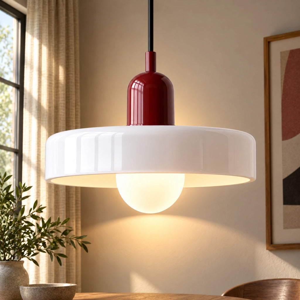 Coloured Glass Bauhaus Pendant Light in White glass with a Red fitting and bold geometric Bauhaus styling.