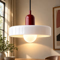 Coloured Glass Bauhaus Pendant Light in White glass with a Red fitting and bold geometric Bauhaus styling.