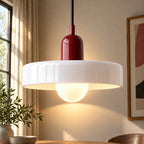 Coloured Glass Bauhaus Pendant Light in White glass with a Red fitting and bold geometric Bauhaus styling.