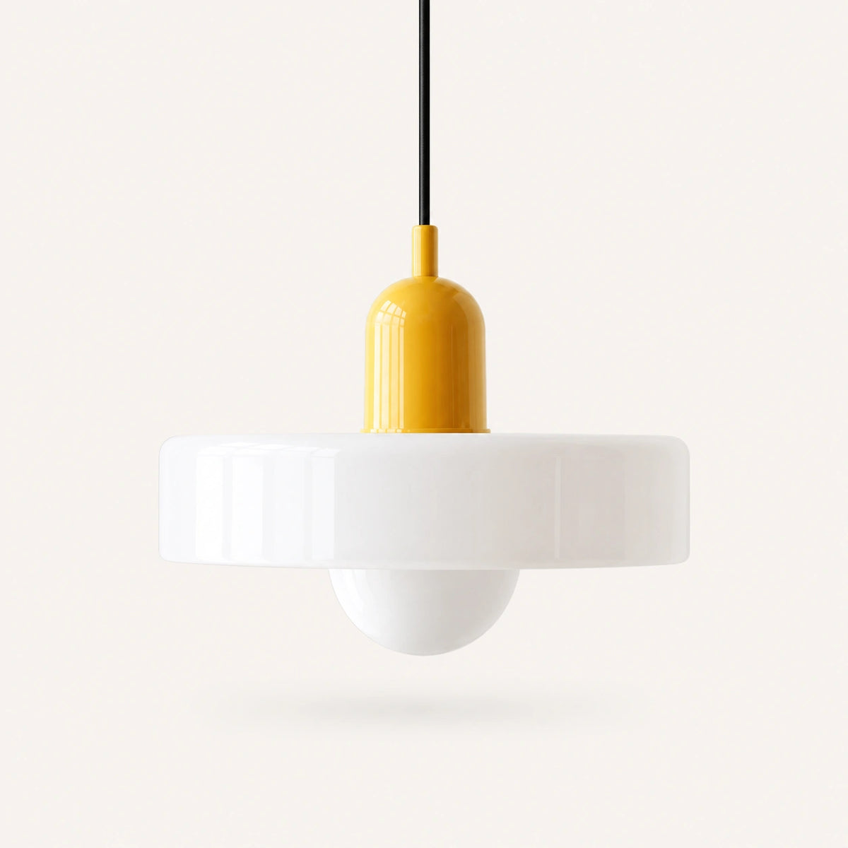 Coloured Glass Bauhaus Pendant Light shown in White glass and Yellow fitting, highlighting the compact pendant shape and finish.