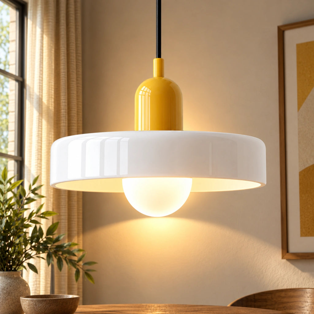 Coloured Glass Bauhaus Pendant Light in White glass with a Yellow fitting and bold geometric Bauhaus styling.